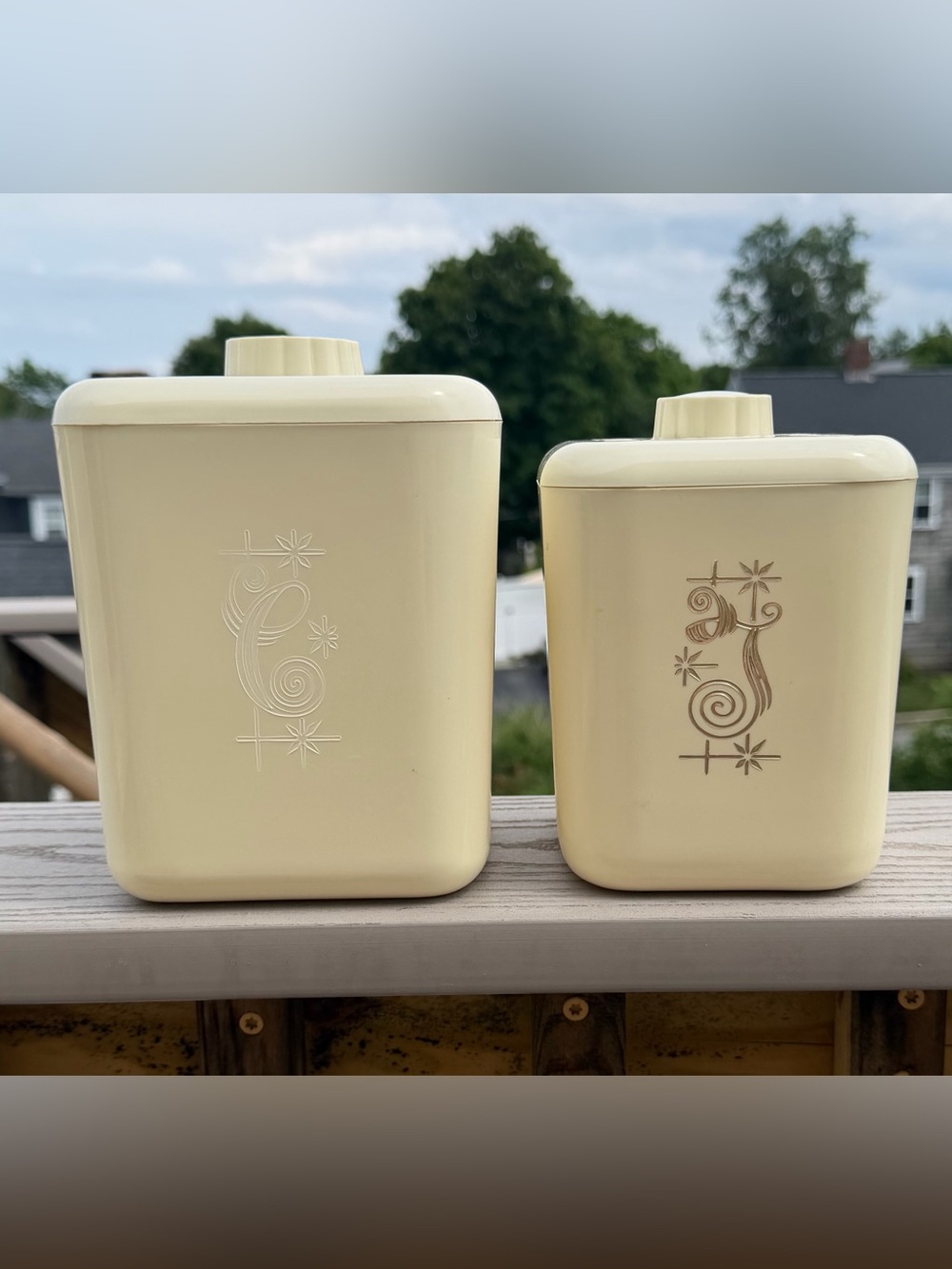 MCM Vintage Set of 2 1950s Lustro-Ware Nested Plastic Canisters, Ivory & Gold